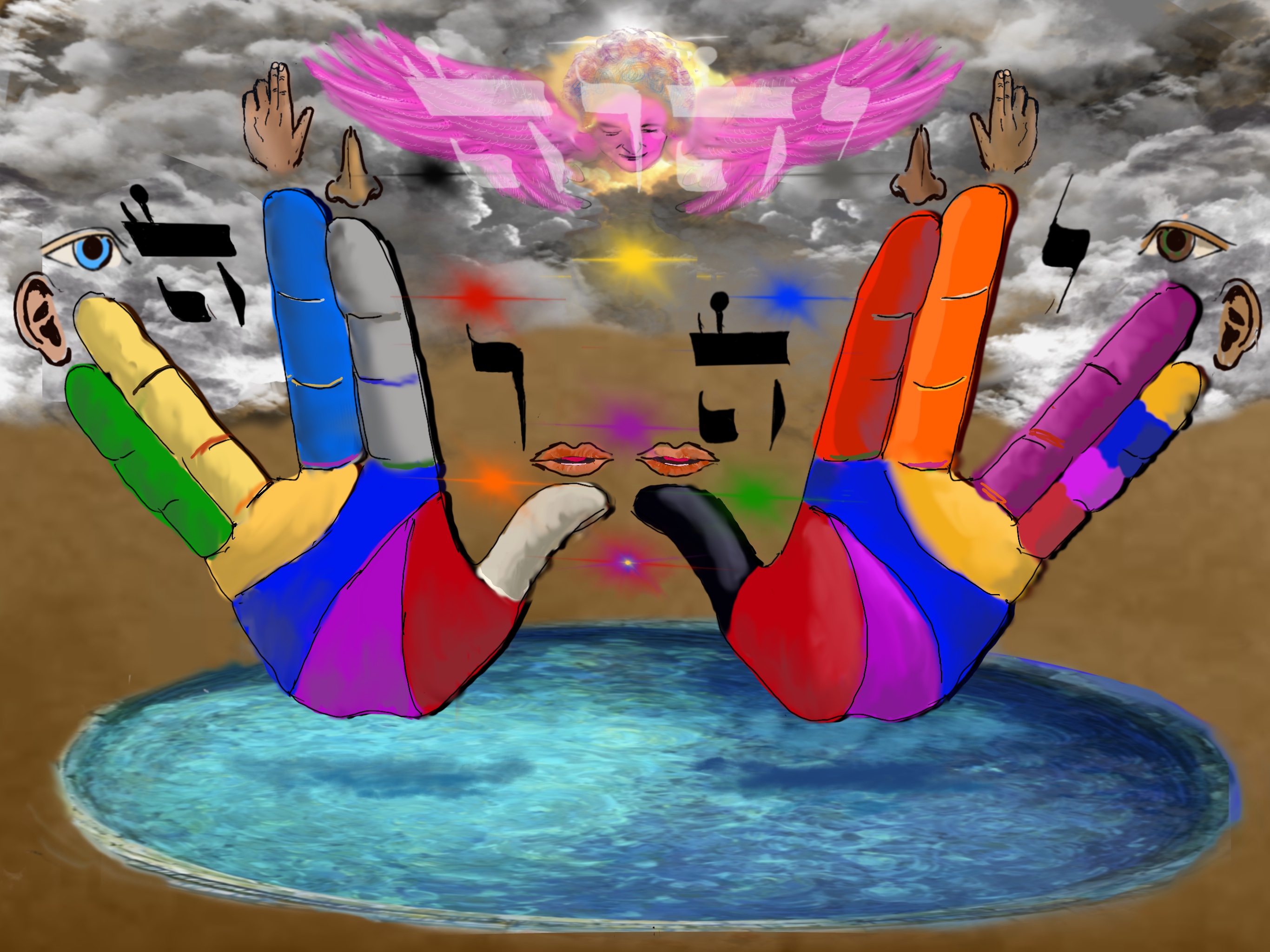 Hands of blessing over water — a still from Imaging Torah