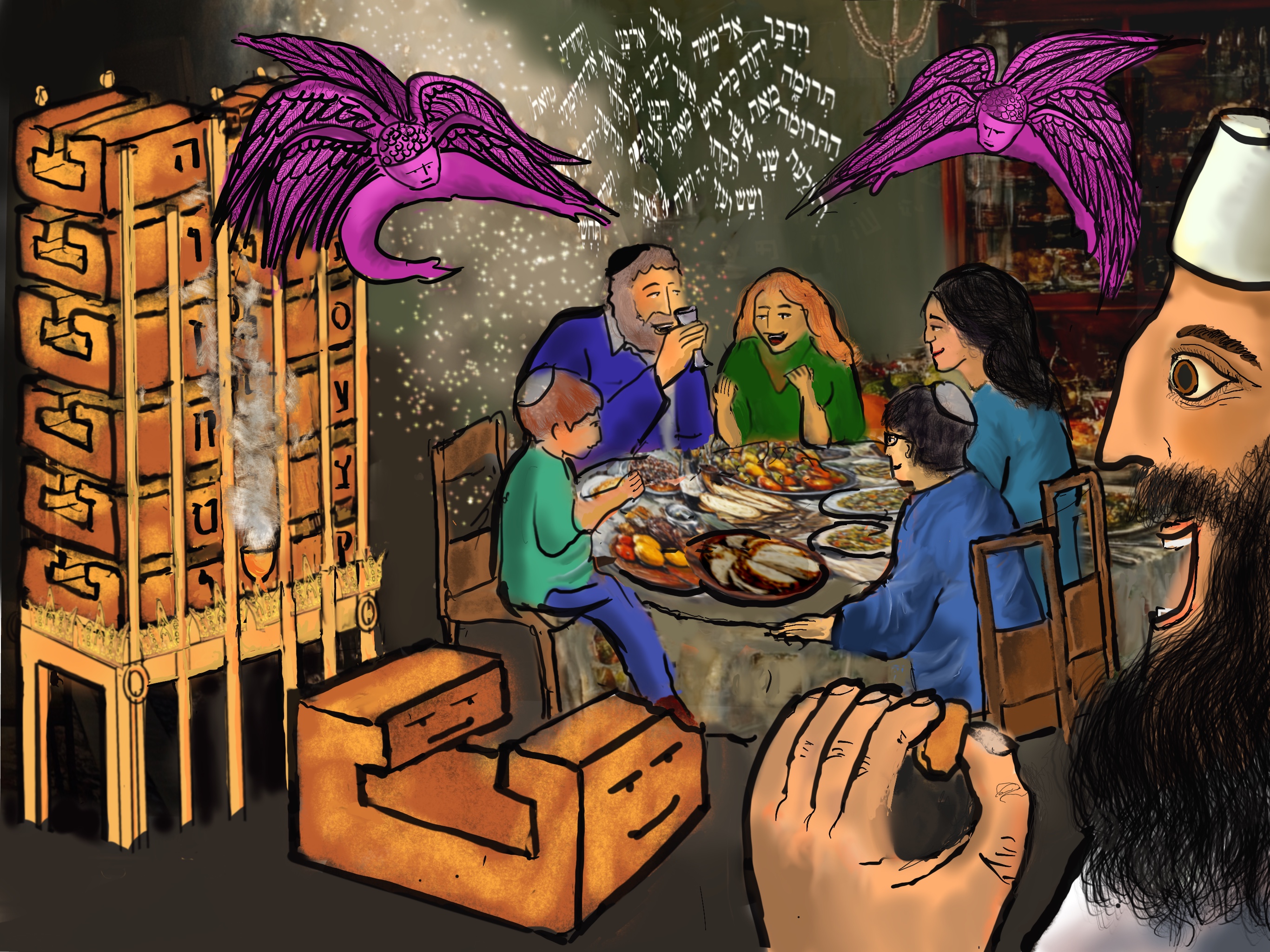 The seder table beneath winged spirits